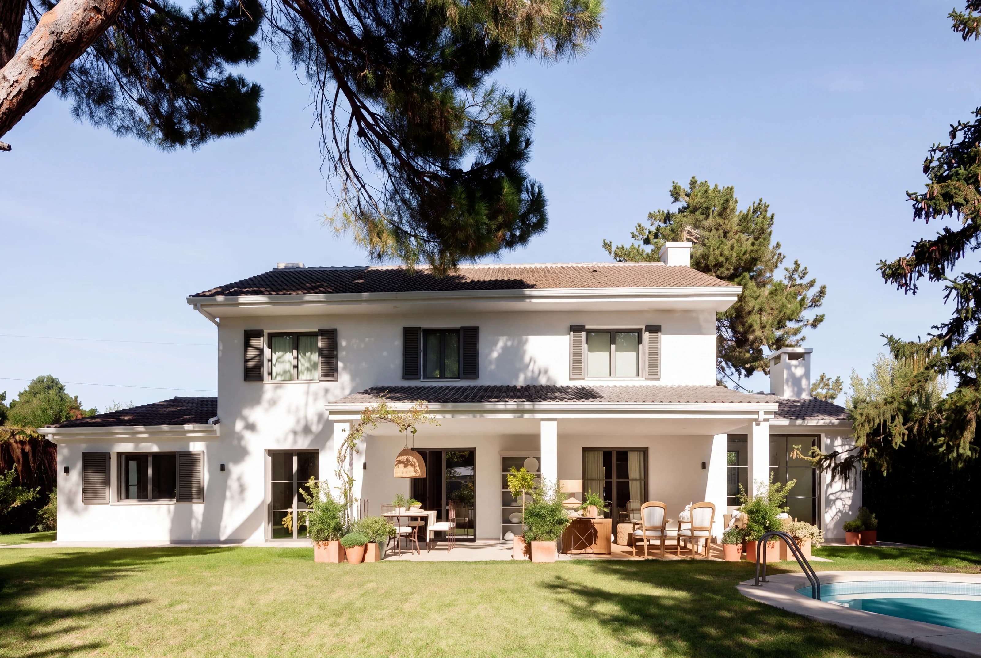 Visualización fotorrealista del jardín y la piscina de Casa del Jardín